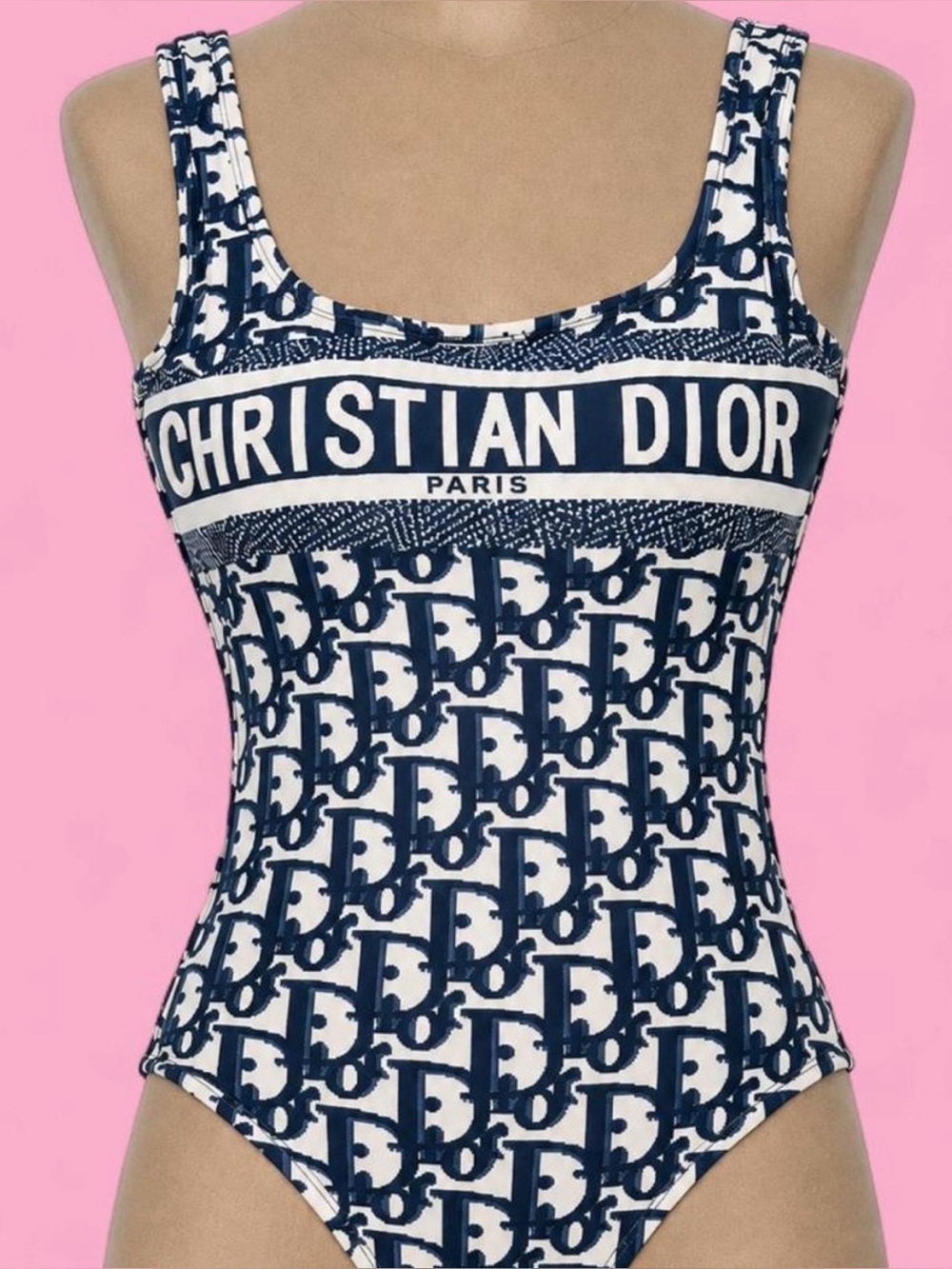 Christian Dior Monogram One Piece Swimsuit Navy Cream NWT Size Small